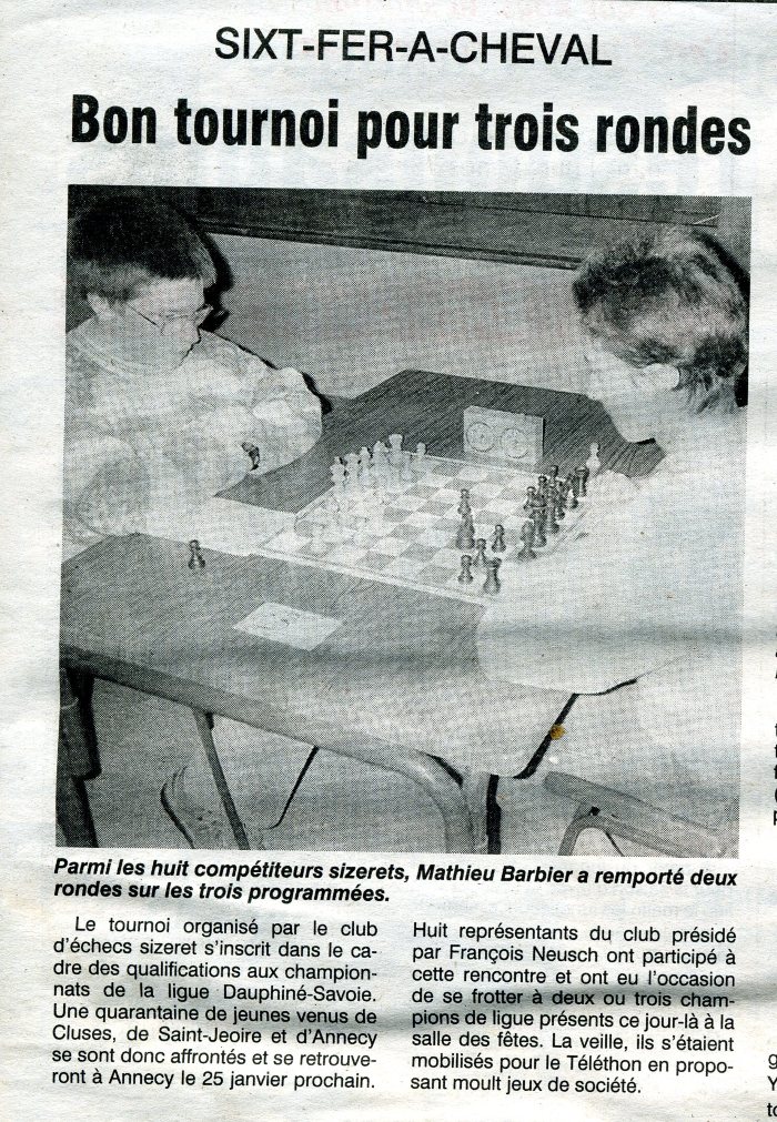 Article de journal sur un tournoi d'échec à Sixt le 18 décembre 1997