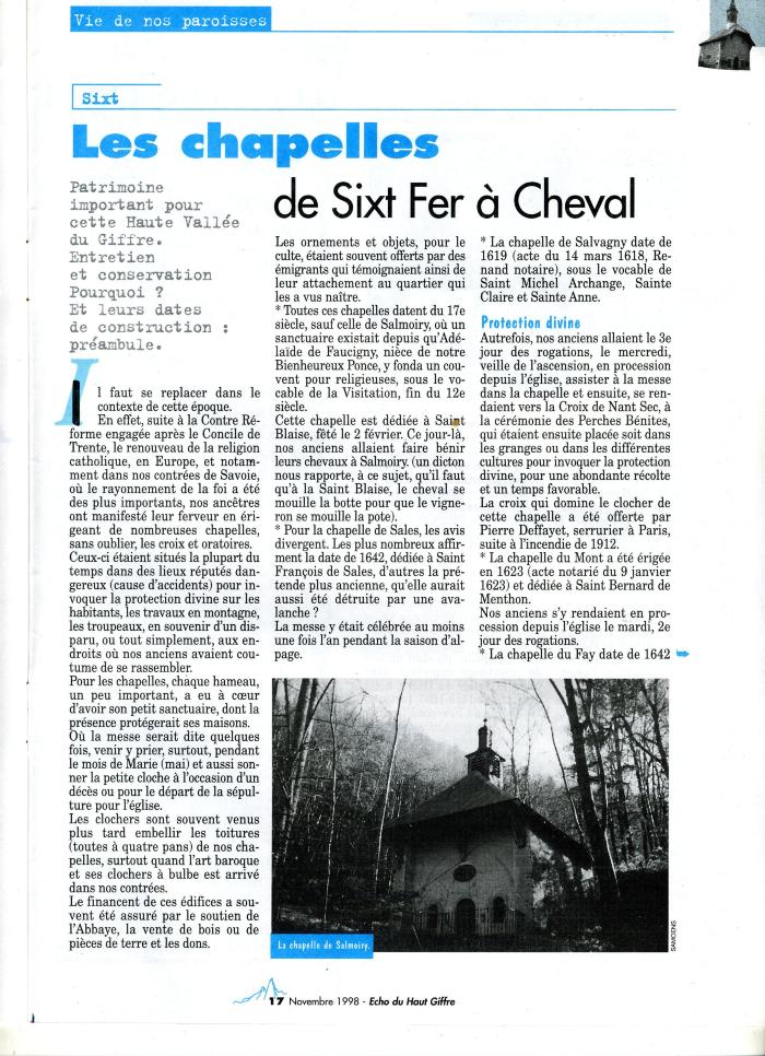 Article de journal sur les chapelles de Sixt Fer-à-Cheval -1998