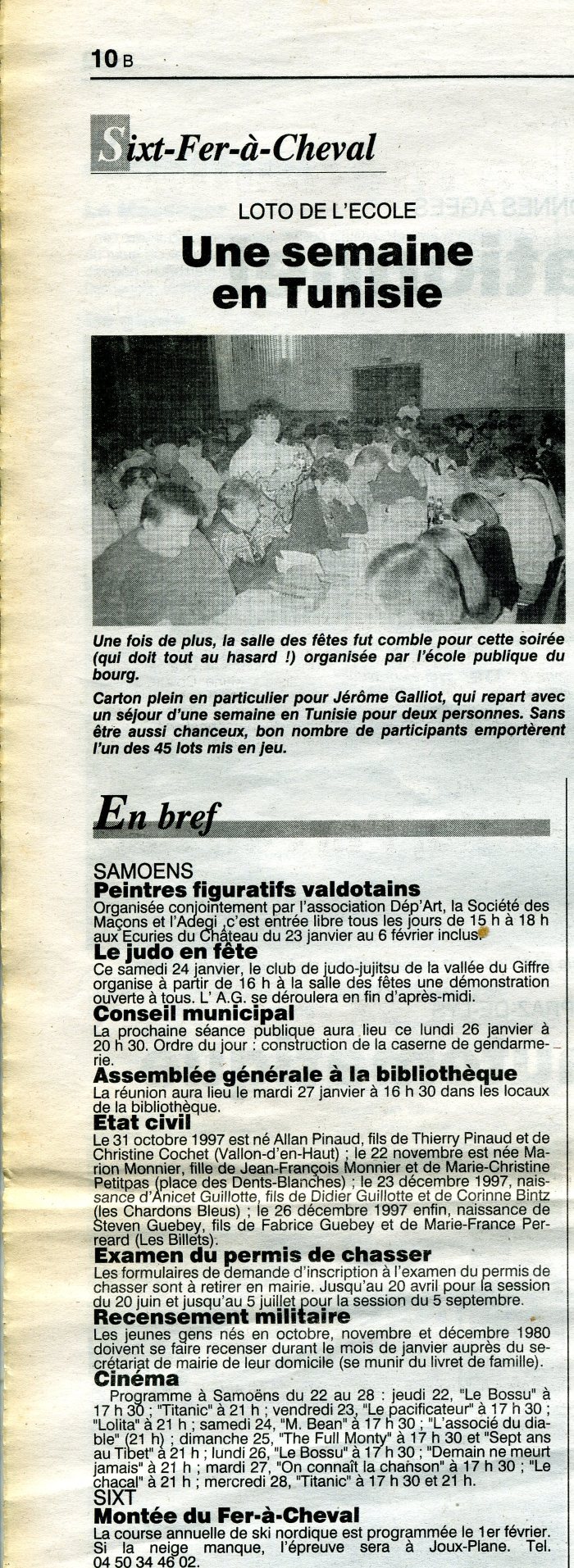 Article de journal sur le loto de l'école de Sixt où Jérôme GAILLOT a remporté un séjour en Tunisie - 1998