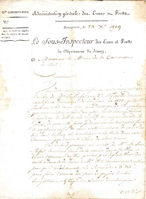 Courrier du Sous Inspecteur des Eaux et Forêts du département du Léman au maire de la Commune de Sixt - 1809