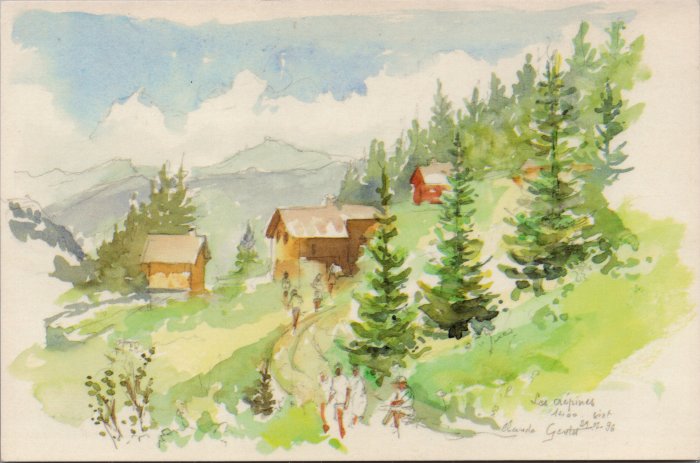 Carte postale, aquarelle des Crépines et du refuge du Grenairon