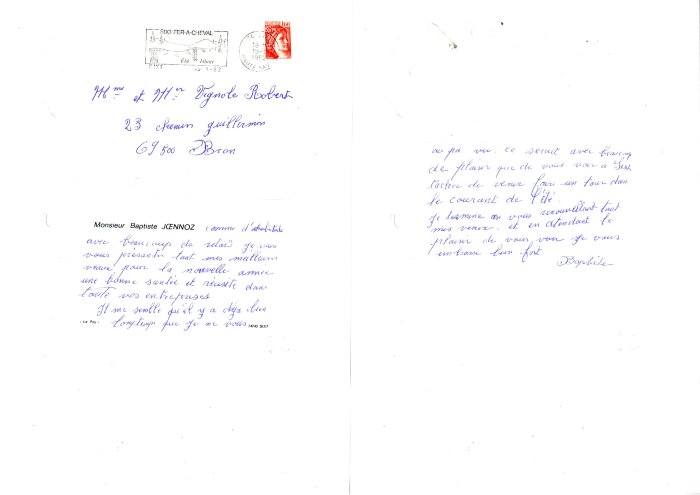 Lettre de Baptiste JOENNOZ à Robert VIGNOLE