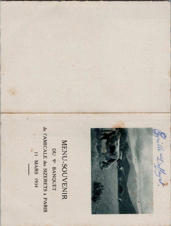 Menu du 9e Banquet de l'Amicale des Sizerets à Paris le 11 mars 1934